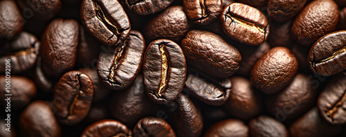 Closeup fresh roasted Arabian or aroma coffee beans background. Food pattern. Love organic coffee concept backdorp. Top view, flat lay with copy space for cafe advertising, package design photo