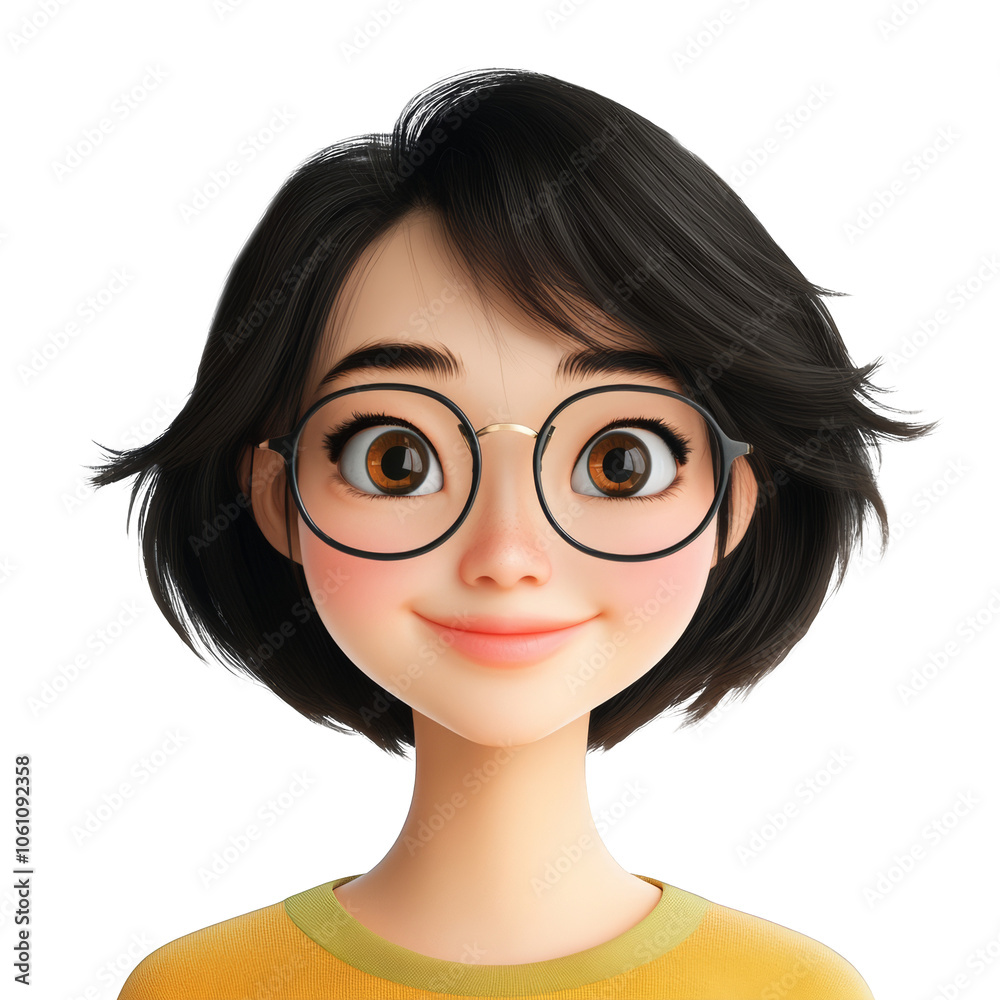 3D Render Portrait of a Cute Smiling Cartoon Girl with Black Hair and Glasses Wearing a Yellow T-Shirt Isolated on a Transparency Background Ideal for Educational Projects Marketing Campaigns or 3D Render Portrait of a Cute Smiling Cartoon Girl with Black Hair and Glasses Wearing a Yellow T-Shirt Isolated on a Transparency Background Ideal for Educational Projects Marketing Campaigns or