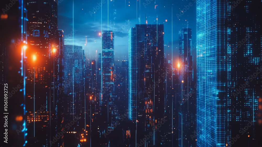Obraz premium Smart digital city with connection cyber security network reciprocity over the cityscape . future smart wireless digital city and social media networking systems that connects people within the city