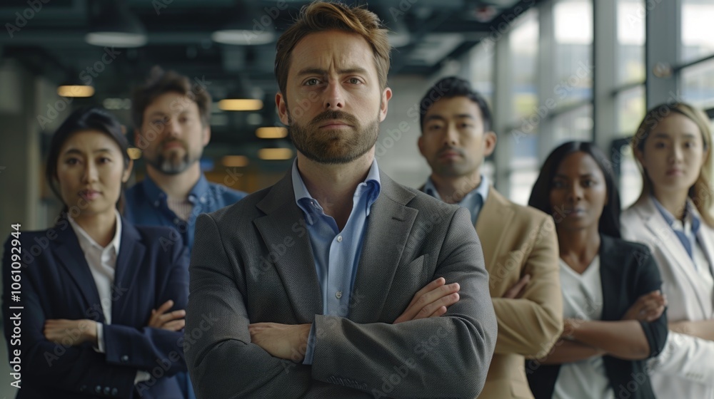 Professional group of people in business suits with hands on hips, standing together for team photo Professional group of people in business suits with hands on hips, standing together for team photo