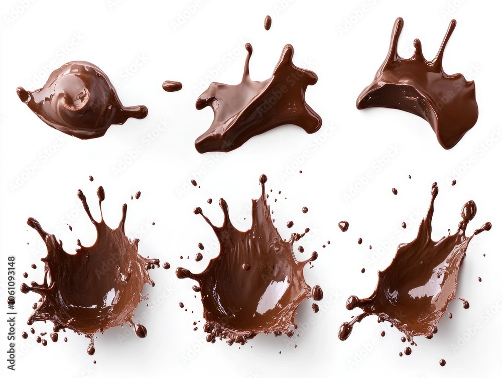 An artistic close-up of three different splashes of liquid chocolate, showcasing the creamy texture and vibrant brown color. An artistic close-up of three different splashes of liquid chocolate, showcasing the creamy texture and vibrant brown color.