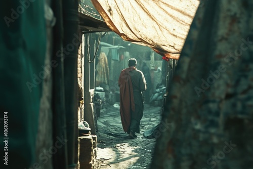 Dilapidated area showing squalor, with tents and makeshift shelters amidst dirt and decay. photo