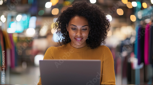 Business Owner Reviewing Sales Reports in Clothing Store photo