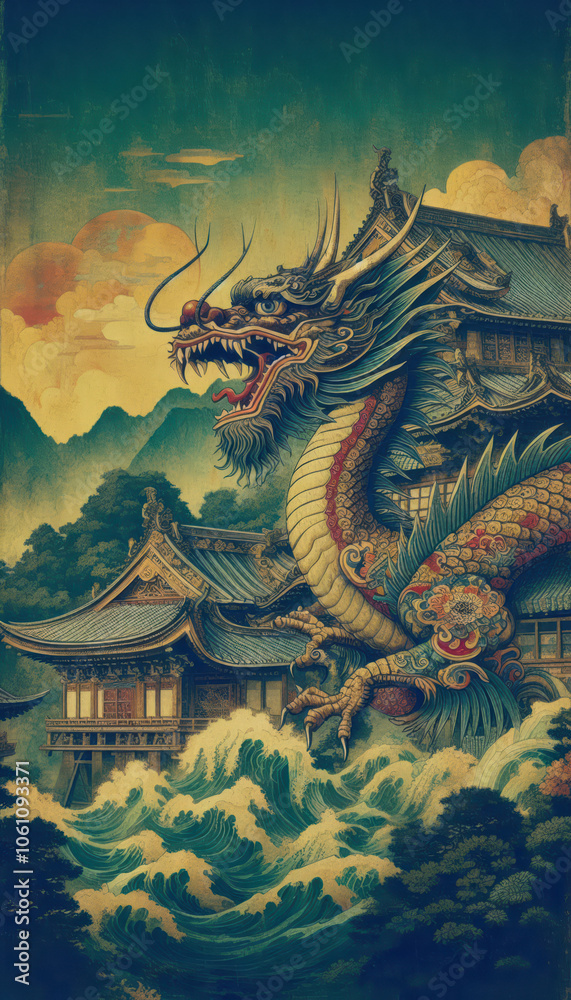 Obraz premium 墨絵、日本画、浮世絵／龍（ドラゴン）