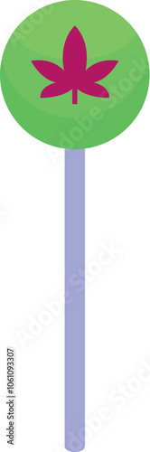 Round green lollipop with cannabis leaf sign on white background promoting legalization of marijuana