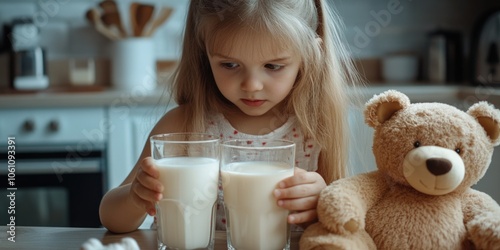 Young girl drinking milk, holding toy bear.