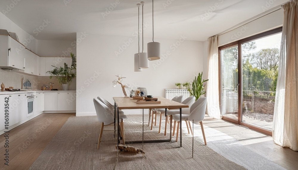 Fototapeta premium White home living room interior with table and seats, shelf and panoramic window