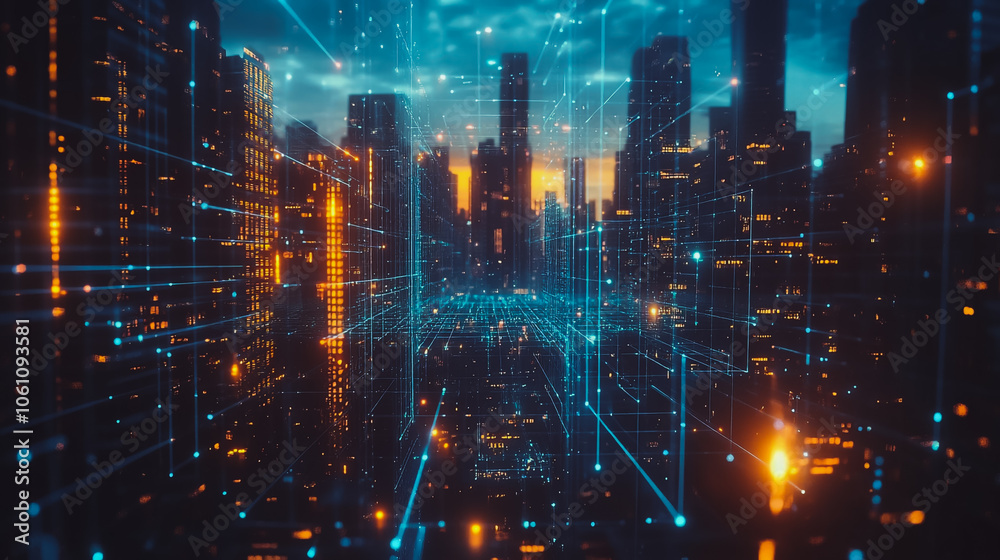 Obraz premium Smart digital city with connection cyber security network reciprocity over the cityscape . future smart wireless digital city and social media networking systems that connects people within the city