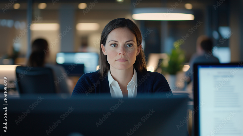 Woman Coding in Modern Office Space with Team Collaboration Woman Coding in Modern Office Space with Team Collaboration