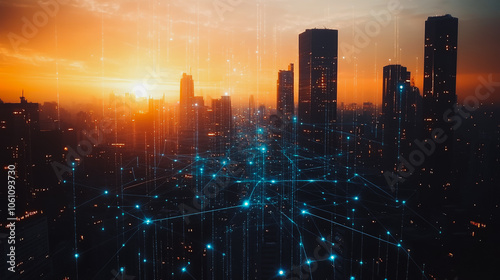 Smart digital city with connection cyber security network reciprocity over the cityscape . future smart wireless digital city and social media networking systems that connects people within the city