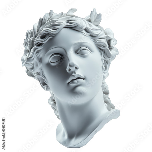 White plaster bust sculpture of a young woman wearing a floral crown ancient Greek or Roman style isolated on Transparency Background art history mythology classicism Renaissance aesthetics gypsum