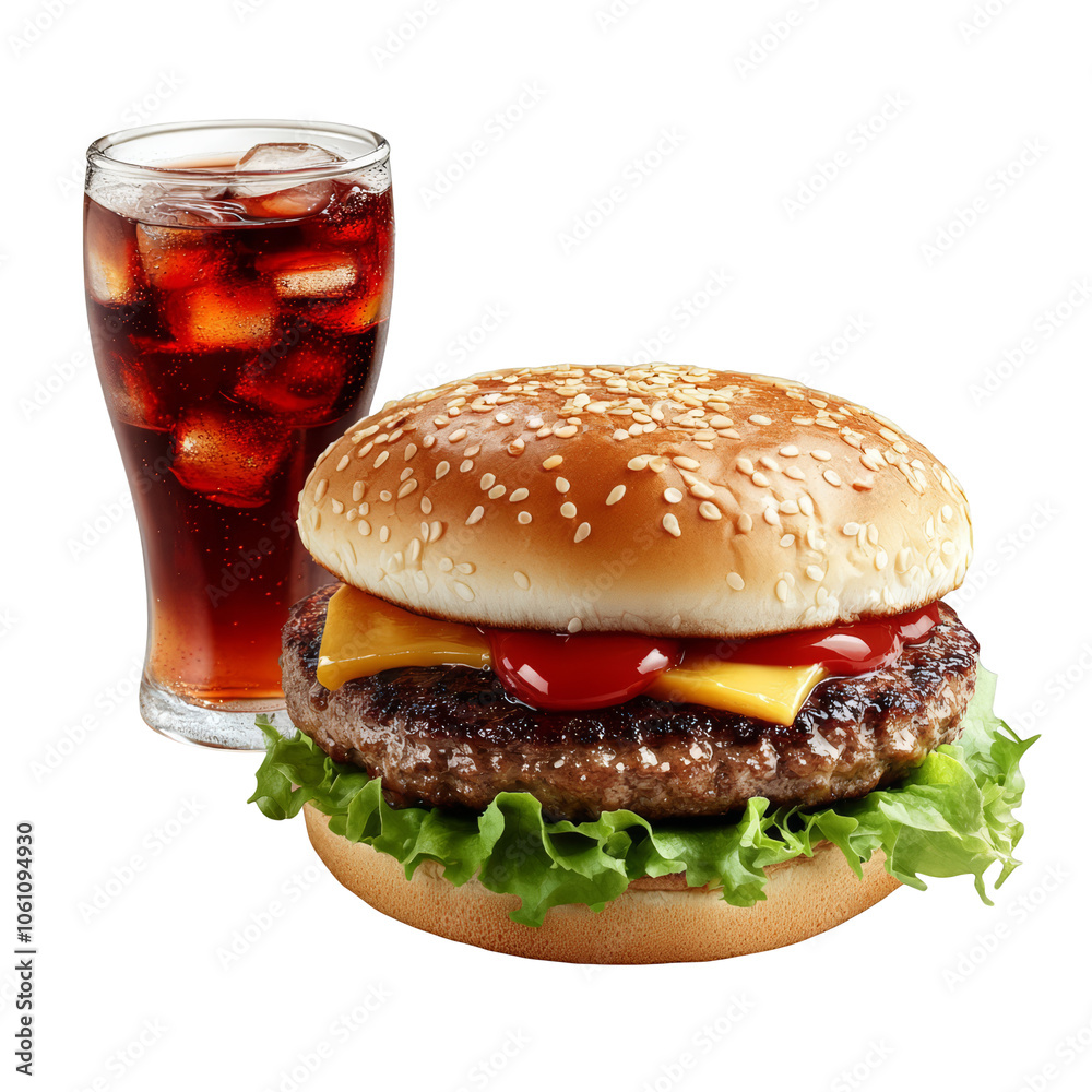 Delicious cheeseburger with lettuce and a glass of cola with ice fast food isolated on Transparency Background hamburger sandwich snack American food cheeseburger meal burger with soda high calorie Delicious cheeseburger with lettuce and a glass of cola with ice fast food isolated on Transparency Background hamburger sandwich snack American food cheeseburger meal burger with soda high calorie