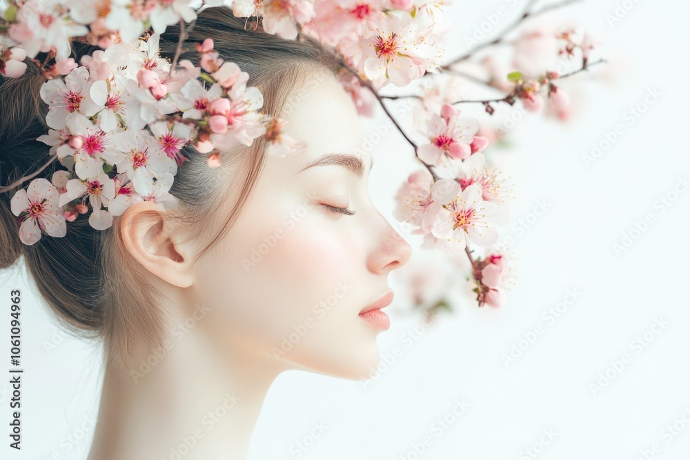 A woman wearing a crown of pink cherry blossoms, exhaling serenely, evokes a sense of tranquility and connection with nature's beauty. A woman wearing a crown of pink cherry blossoms, exhaling serenely, evokes a sense of tranquility and connection with nature's beauty.