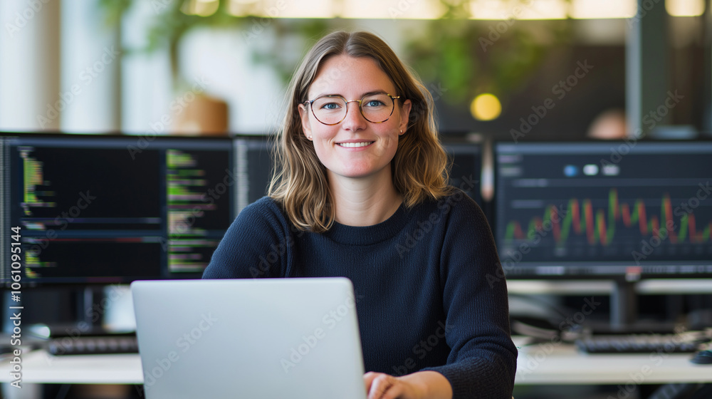 Female Developer Programming in Shared Workspace with Data Charts Female Developer Programming in Shared Workspace with Data Charts