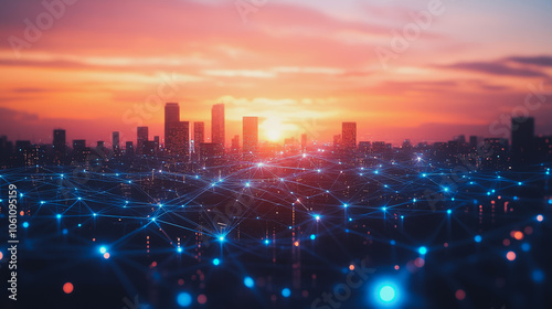 Smart digital city with connection cyber security network reciprocity over the cityscape . future smart wireless digital city and social media networking systems that connects people within the city