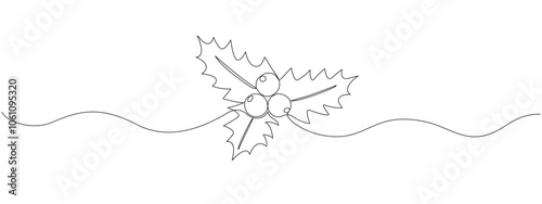 Mistletoe holly drawing with one continuous line.   Symbol for Christmas New Year greeting card Vector editable stroke