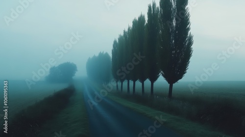 Serene Misty Landscape with Cypress Trees Lining a Winding Road photo