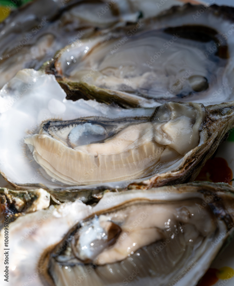 Plate with fresh live oysters with citron, bread, butter and white wine served at restaurant in oyster-farming village, Arcachon bay, Gujan-Mestras port, France Plate with fresh live oysters with citron, bread, butter and white wine served at restaurant in oyster-farming village, Arcachon bay, Gujan-Mestras port, France