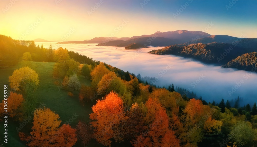 Aerial view of beautiful orange trees on the hill and mountains in low clouds at sunrise Aerial view of beautiful orange trees on the hill and mountains in low clouds at sunrise