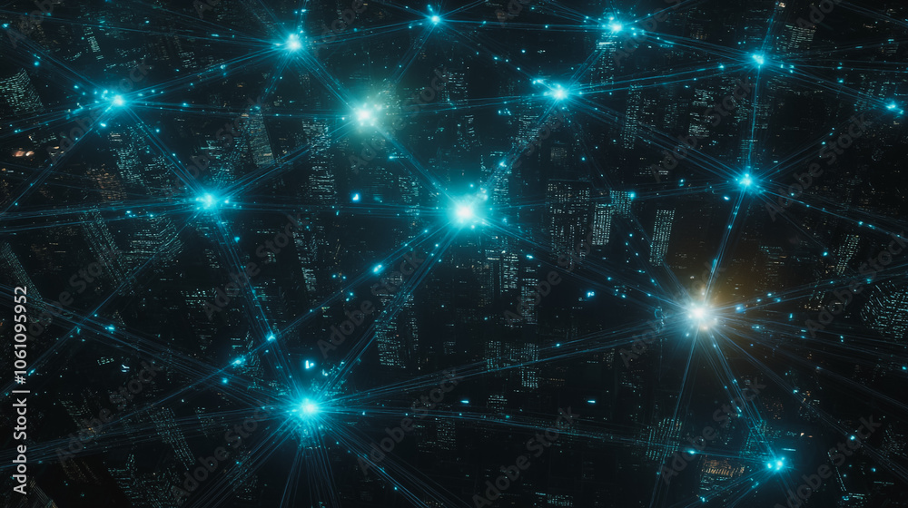 Fototapeta premium Smart digital Innovation city with connection network reciprocity over the cityscape. of future smart wireless digital city and social media networking systems that connects people with in city