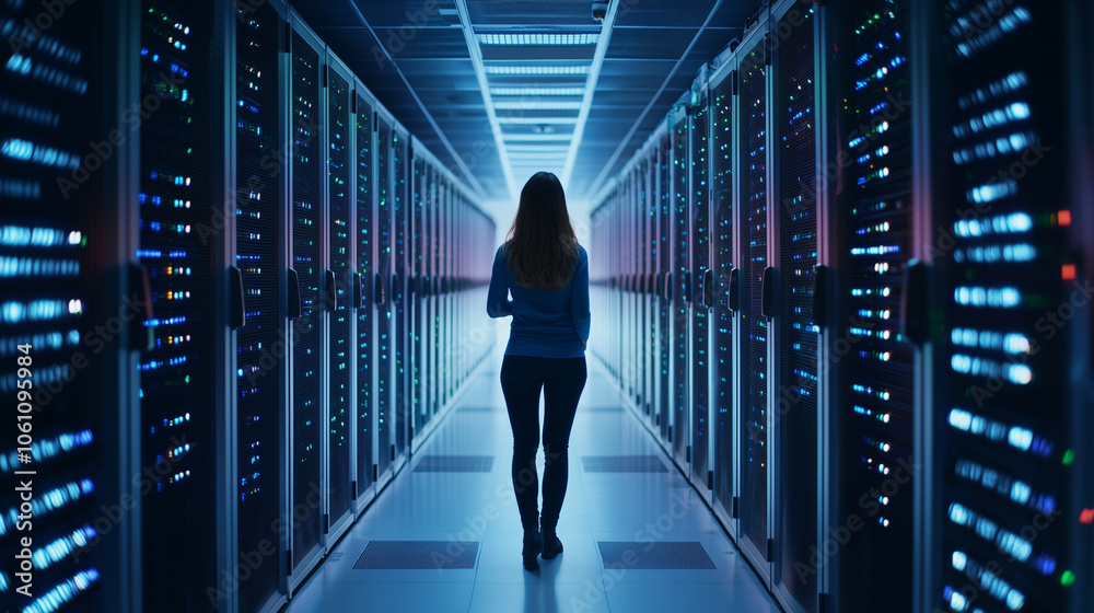 Female IT Specialist in Server Room Checking Data Cables Female IT Specialist in Server Room Checking Data Cables