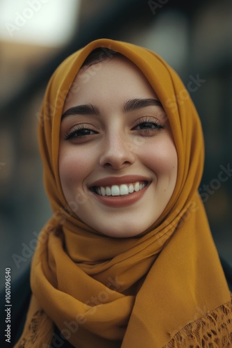 Young Muslim woman wearing a hijab smiling brightly into the camera.