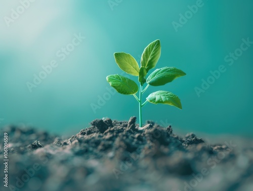 The image shows a young plant sprouting from the soil. The focus is on the fresh green seedling, which represents growth and new beginnings.