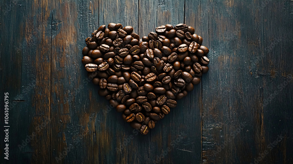 Closeup fresh roasted Arabian or aroma coffee beans on shape of heart. Organic coffee concept background. Top view, flat lay backdorp with copy space Closeup fresh roasted Arabian or aroma coffee beans on shape of heart. Organic coffee concept background. Top view, flat lay backdorp with copy space