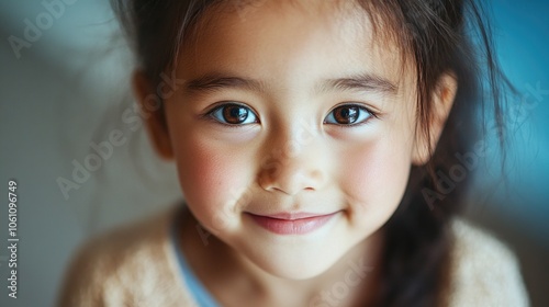 A young girl with an innocent smile looking at the camera.