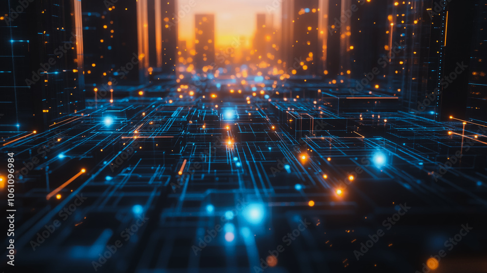 Naklejka premium Smart digital city with connection cyber security network reciprocity over the cityscape . future smart wireless digital city and social media networking systems that connects people within the city