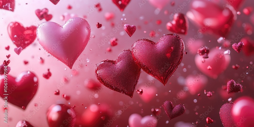 Red hearts flying in air against dark background