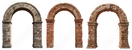 Set of antique arches made of stone and brick isolated on a Transparency Background ancient architecture element design historic building ruins weathered entrance classic doorway old gate passageway