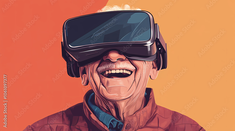 An elderly man smiling while wearing a virtual reality headset. Virtual Reality Console. Illustration An elderly man smiling while wearing a virtual reality headset. Virtual Reality Console. Illustration