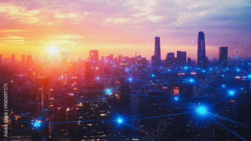 Wallpaper Mural Smart digital city with connection cyber security network reciprocity over the cityscape . future smart wireless digital city and social media networking systems that connects people within the city Torontodigital.ca