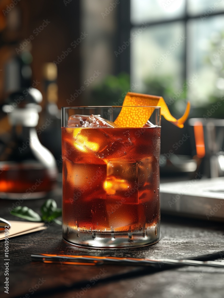 Classic Old Fashioned Cocktail on a Bar Counter