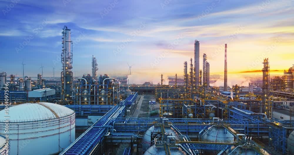 Petrochemical plant industrial buildings and complex piping equipment in industrial area at sunset