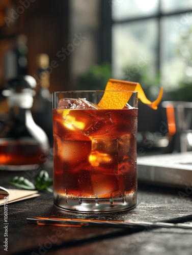 Classic Old Fashioned Cocktail on a Bar Counter