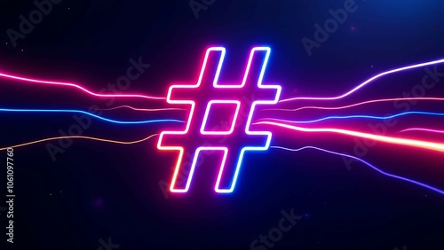 Hashtag with Neon Light Trails A bold hashtag symbol with vibrant neon light trails streaming off in different directions, symbolizing viral trends and dynamic content. photo