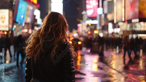 City life after dark with rain-wet streets and bustling crowds