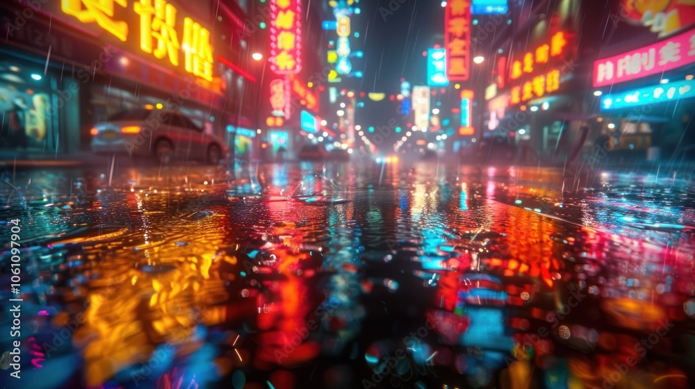 Vibrant neon lit city street scene at night with heavy rain illuminated reflections in wet puddles and a dramatic energetic atmosphere  Futuristic electric