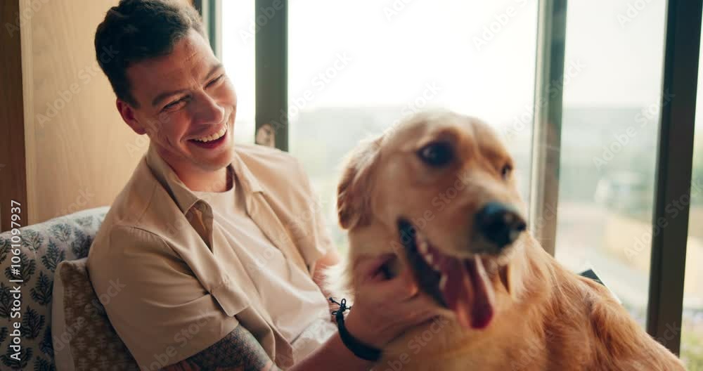 Happy, sofa and man with dog for relax in home for safety, companion and security with connection. Smile, rest and person rub puppy, pet or animal with love, care and bonding in living room at house.