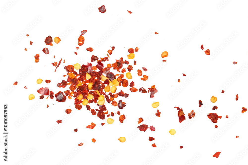 Spicy chili red pepper flakes, chopped, milled dry paprika pile isolated on white, top view Spicy chili red pepper flakes, chopped, milled dry paprika pile isolated on white, top view