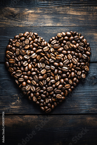 Closeup fresh roasted Arabian or aroma coffee beans on shape of heart. Organic coffee concept background. Top view, flat lay backdorp with copy space photo