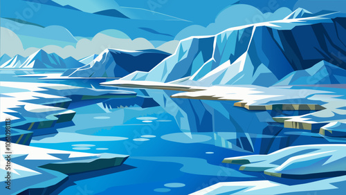 A serene icy landscape with blue waters reflecting snow-capped mountains under a cloudy sky in a wintery setting