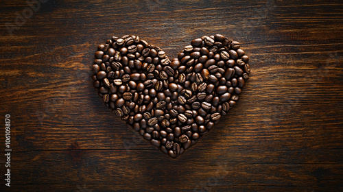 Closeup fresh roasted Arabian or aroma coffee beans on shape of heart. Organic coffee concept background. Top view, flat lay backdorp with copy space