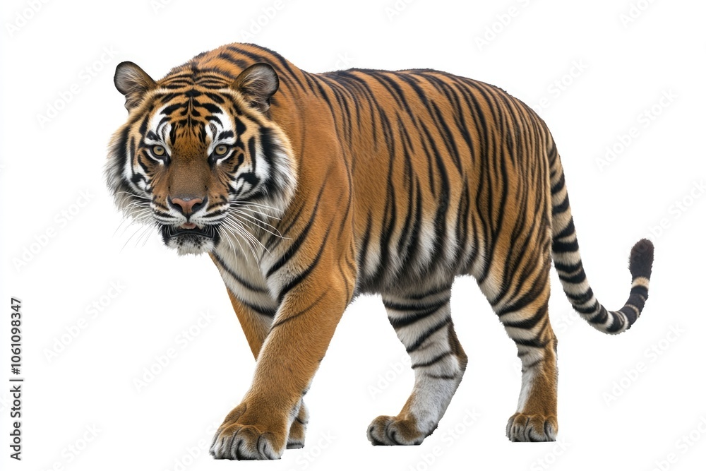 Naklejka premium Close-up of a tiger on all fours with its mouth open, looking fierce.