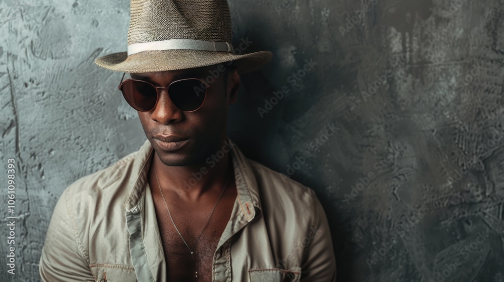 Man wearing a straw hat and sunglasses is standing in front of a wall. He is wearing a white shirt and a necklace Man wearing a straw hat and sunglasses is standing in front of a wall. He is wearing a white shirt and a necklace