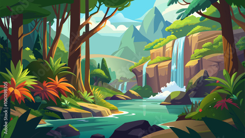 A serene landscape featuring a waterfall cascading into a tranquil river surrounded by lush greenery and vibrant flora during daylight
