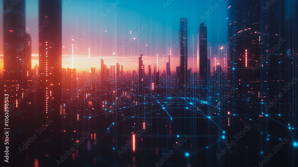 Smart digital city with connection cyber security network reciprocity over the cityscape . future smart wireless digital city and social media networking systems that connects people within the city Smart digital city with connection cyber security network reciprocity over the cityscape . future smart wireless digital city and social media networking systems that connects people within the city