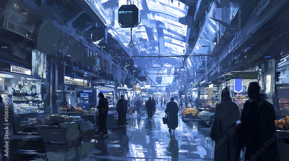 custom made wallpaper toronto digitalBusy urban market: city life illustration. Futuristic Bazaar. Illustration